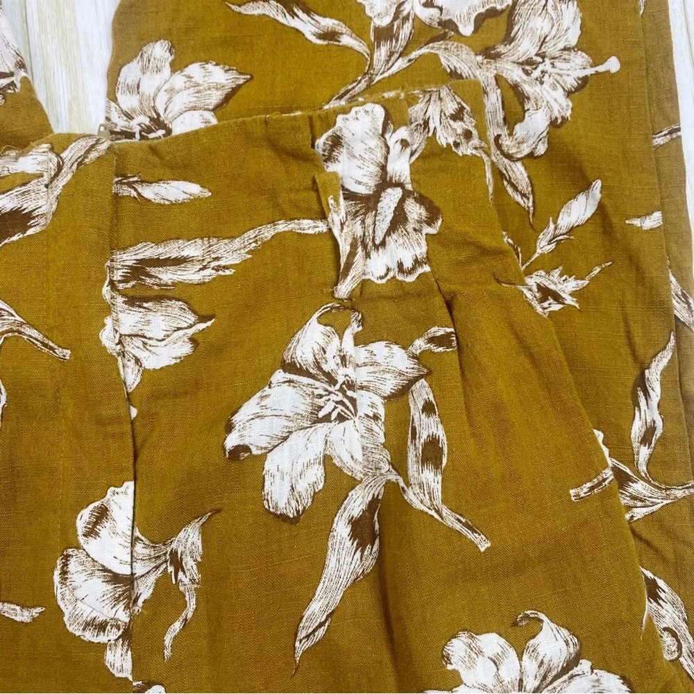 Zara Golden Yellow Floral Print Linen Blend High Waist Pants